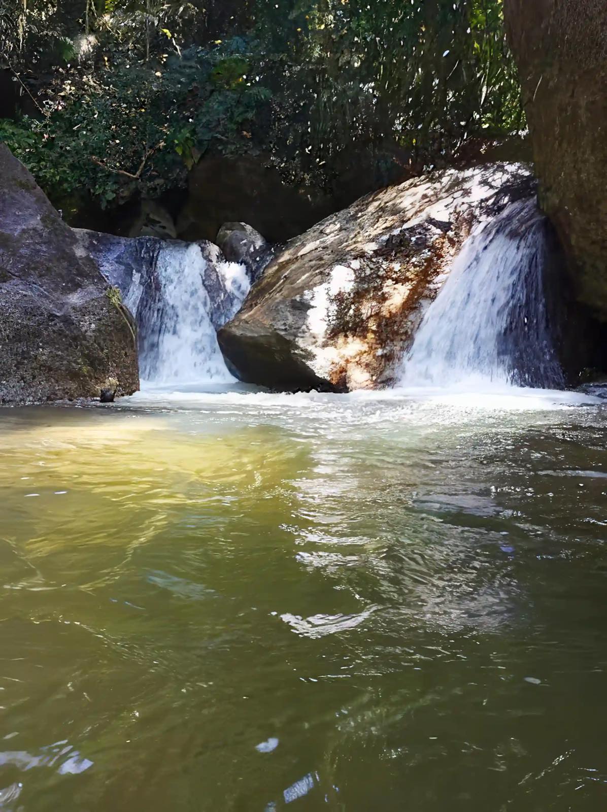 Twin waterfalls falling into a swimming pool on the property